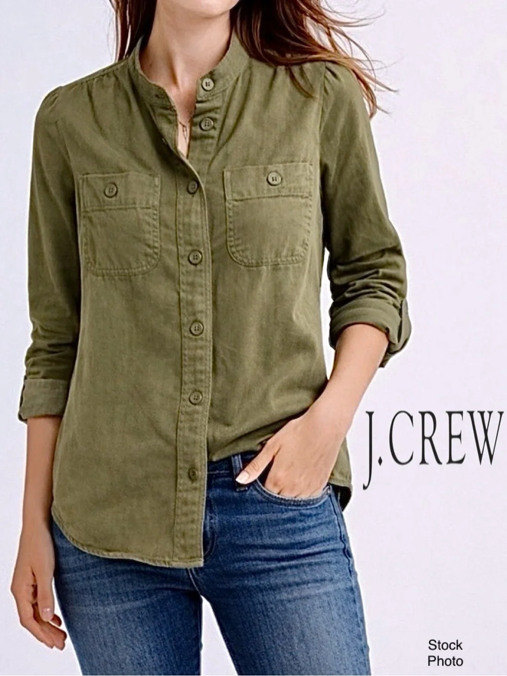 J.Crew Point Sur Draped Twill Button Down Shirt Army Olive Green AD266 (Size L)